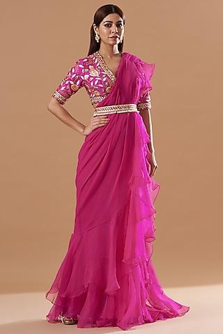 pink embroidered ruffled saree set