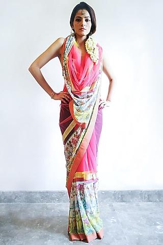 pink embroidered saree set