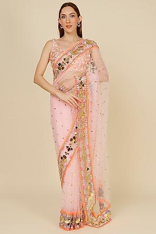 pink embroidered saree set