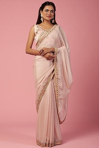 pink embroidered saree set