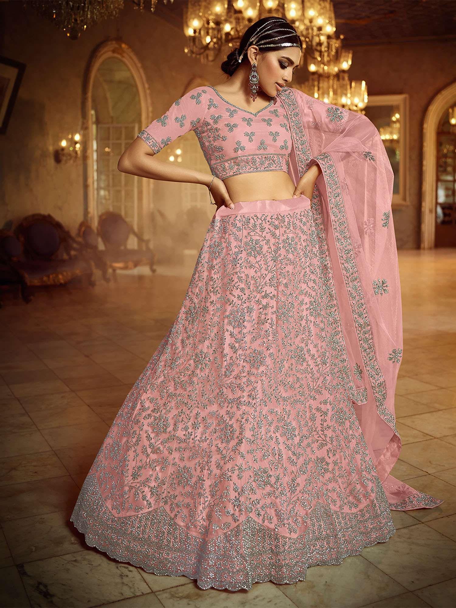 pink embroidered semi stitched lehenga with unstitched blouse (set of 3)