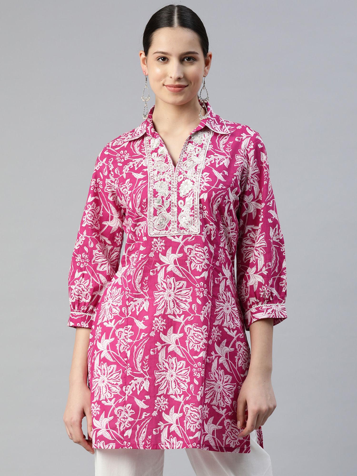 pink embroidered shirt collar tunic