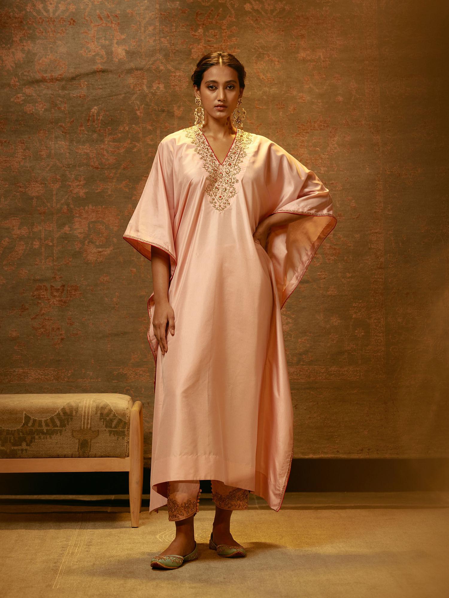 pink embroidered silk kaftan with pant (set of 2)