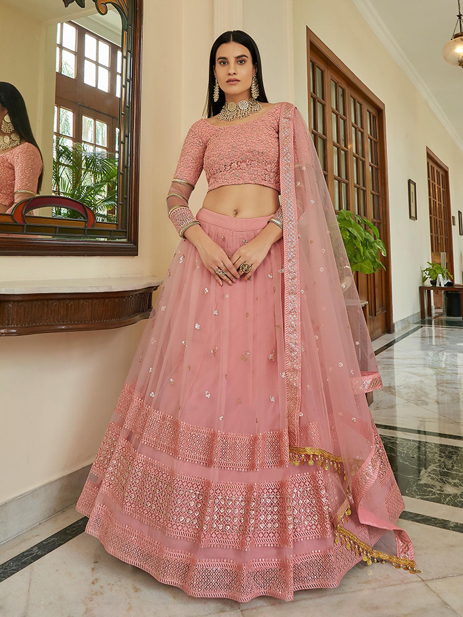 pink embroidered soft net semi stitched lehenga with unstitched blouse (set of 3)