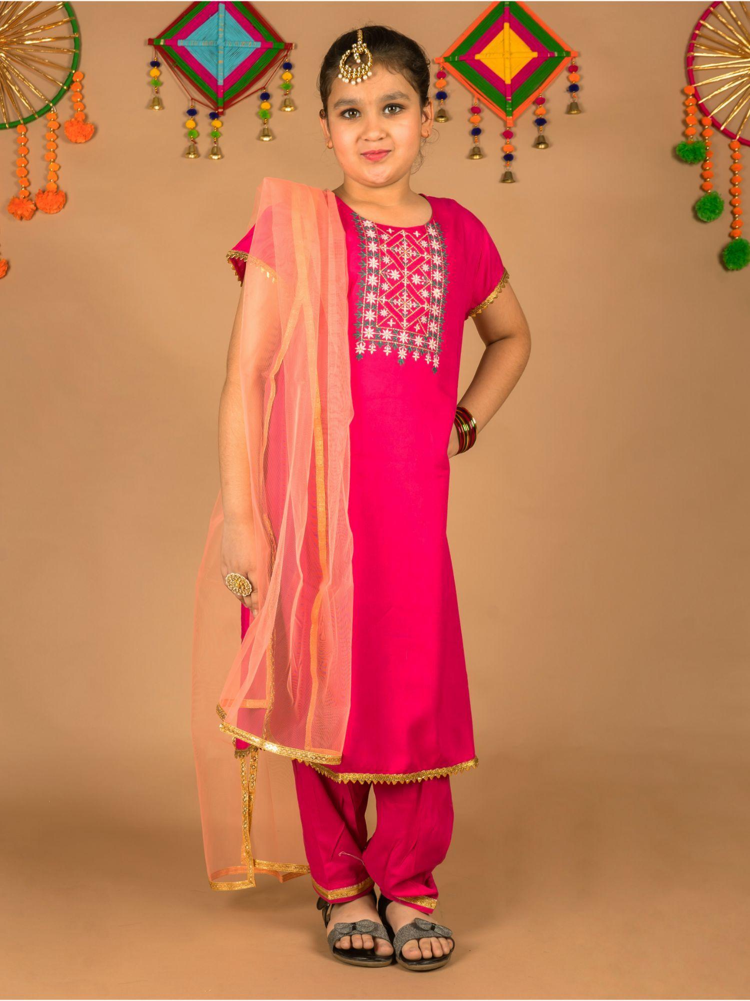 pink embroidered straight kurta and pant with dupatta (set of 3)