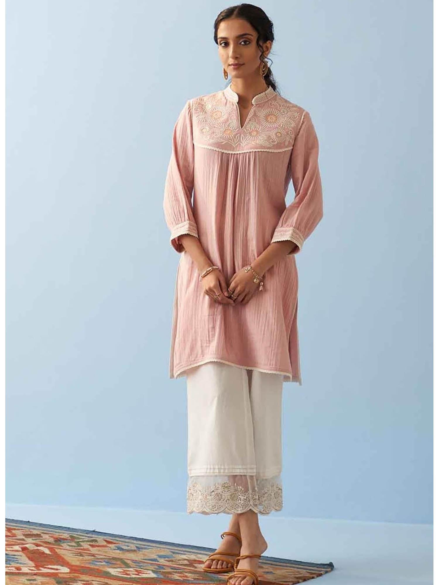 pink embroidered thigh length crinkled kurta