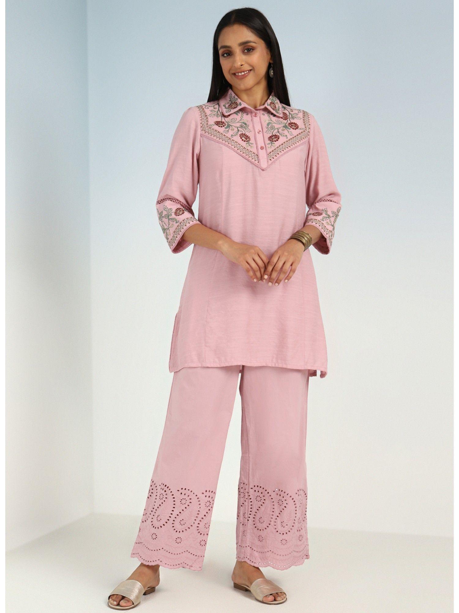 pink embroidered tunic for women with classic collar