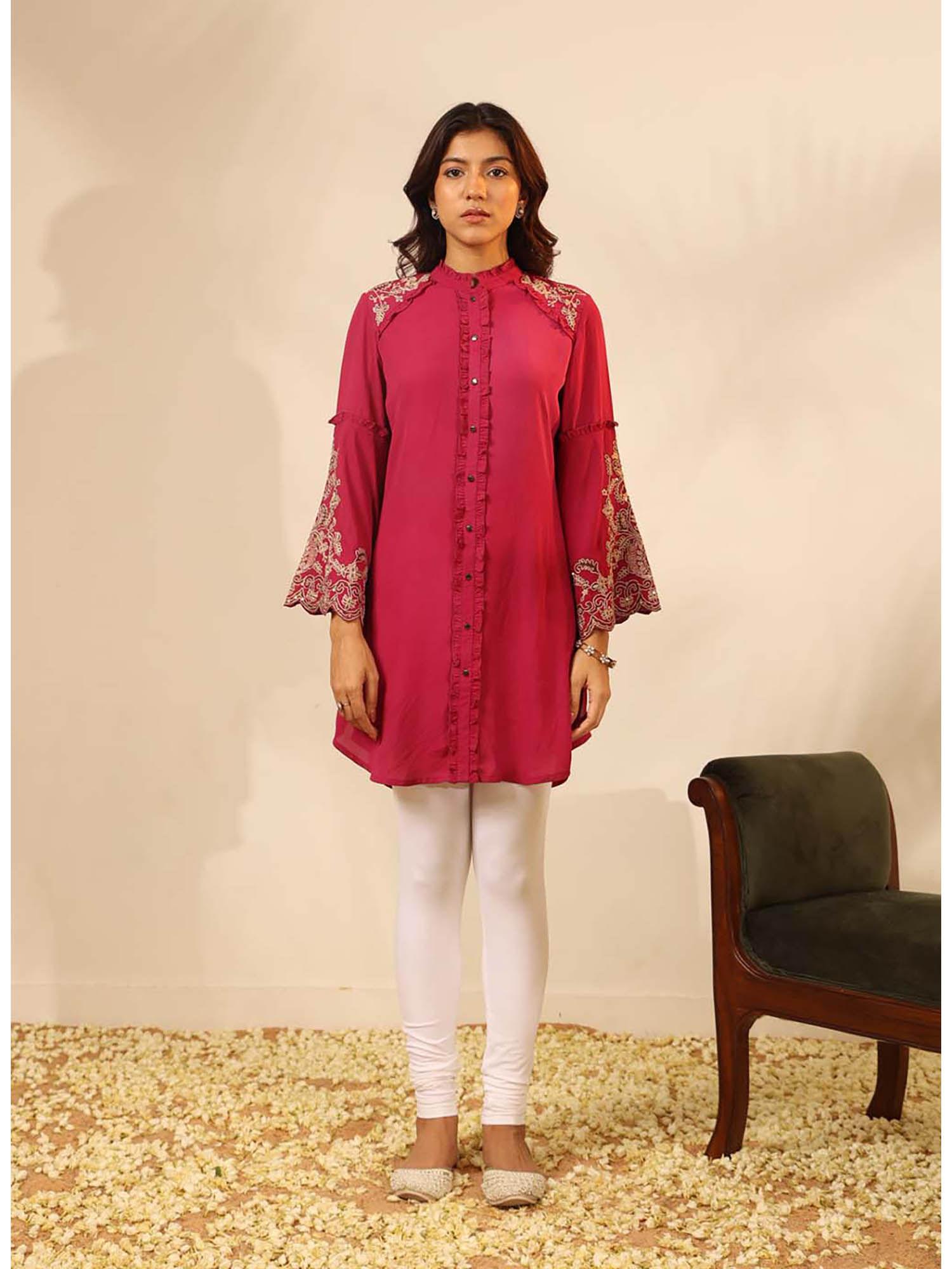 pink embroidered tunic with button detailing