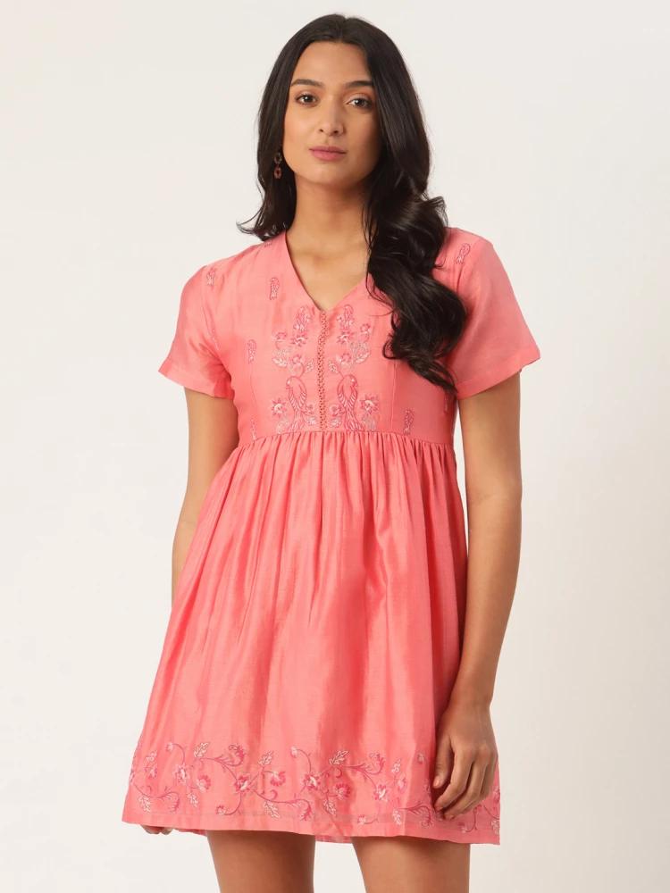 pink embroidered v neck dress