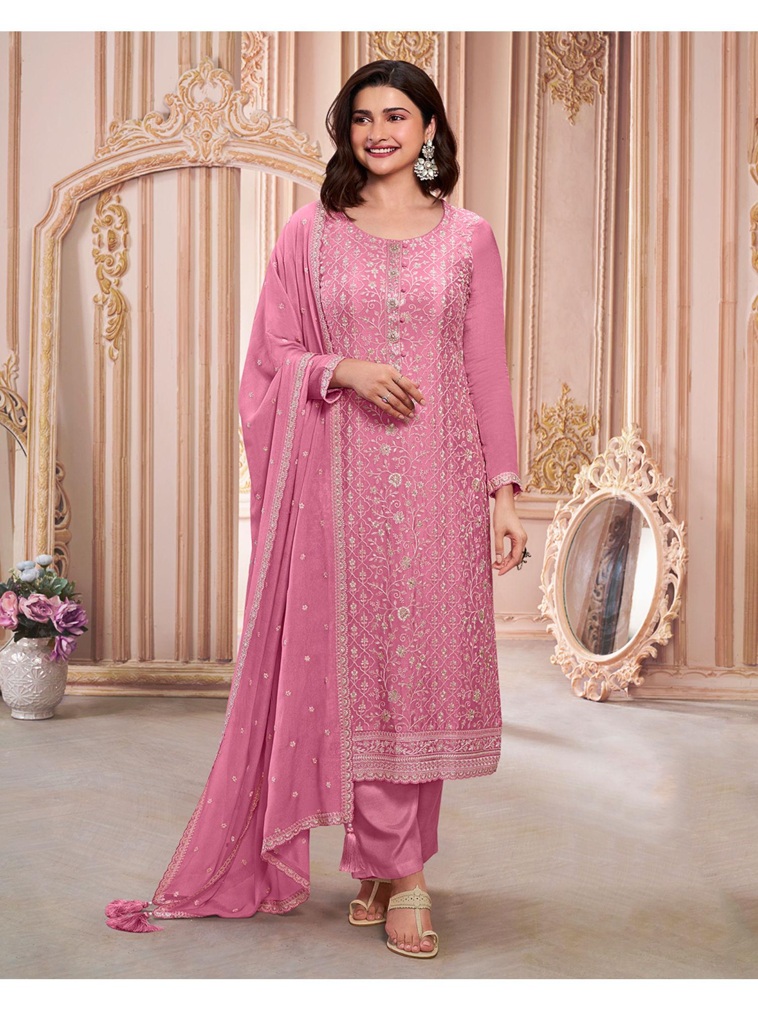 pink embroidery chiffon straight kurta with pant and embroidery dupatta (set of 3)