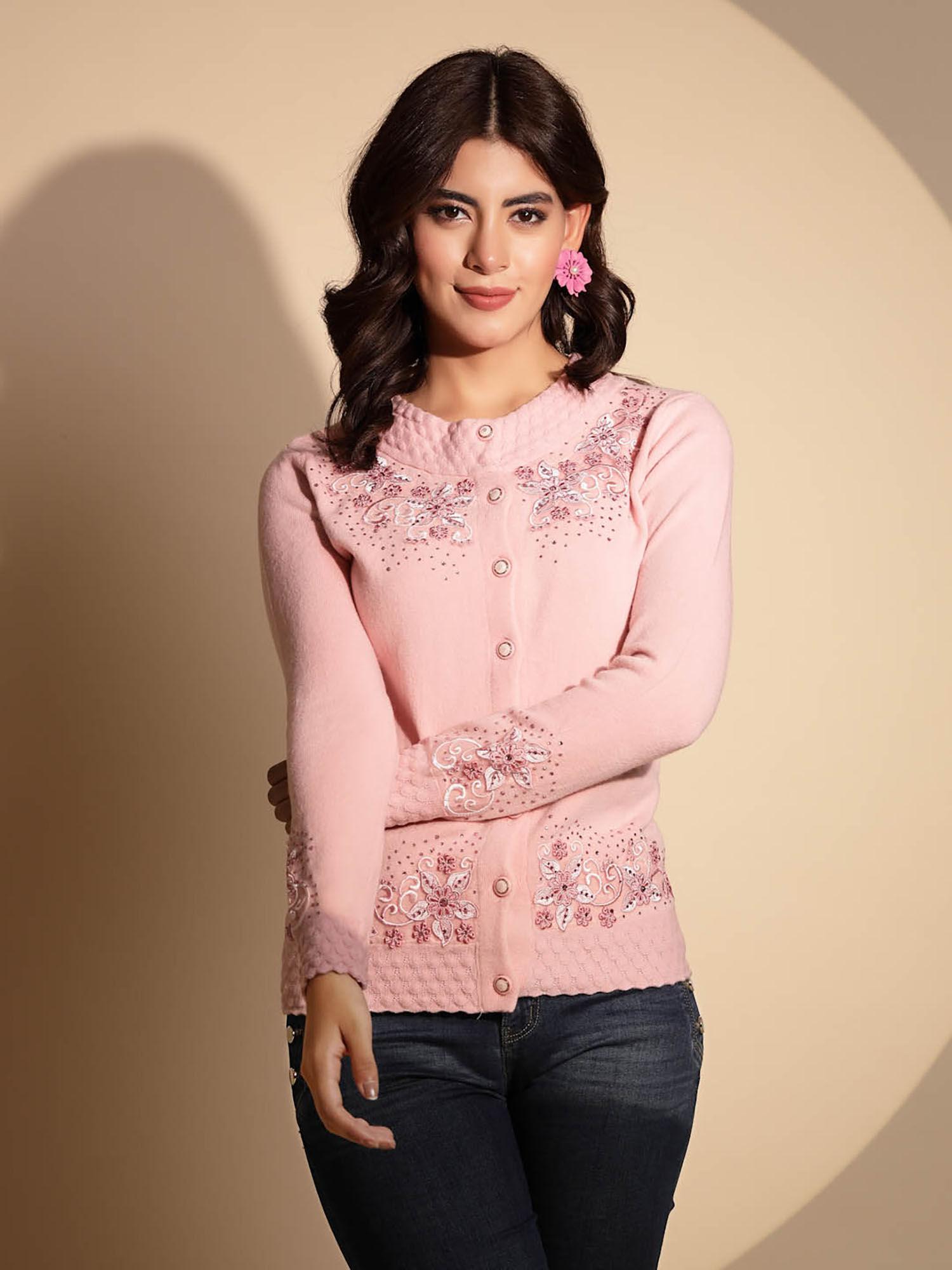 pink embroidery full sleeve cardigan