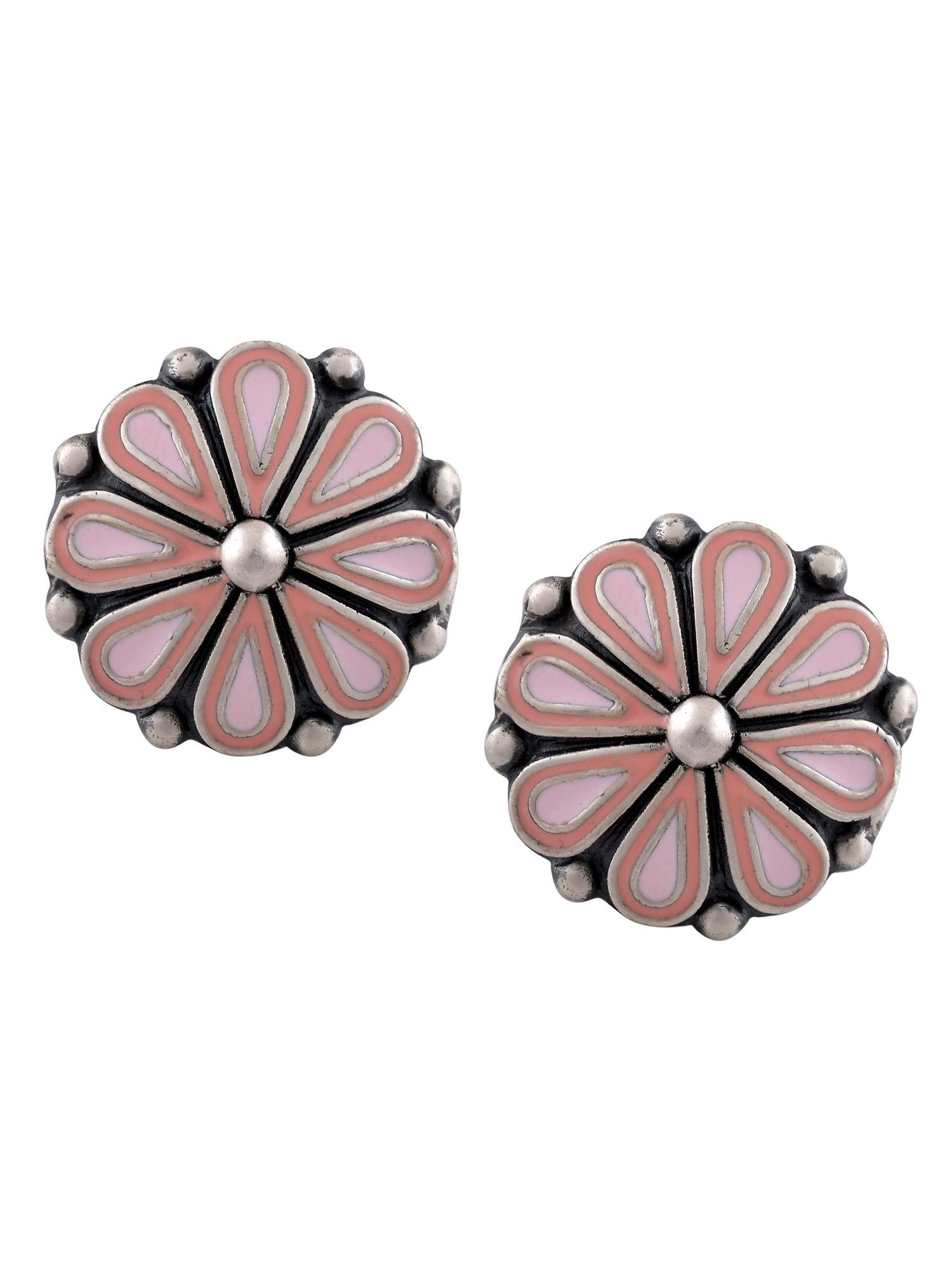 pink enamel chandrika flower ear studs