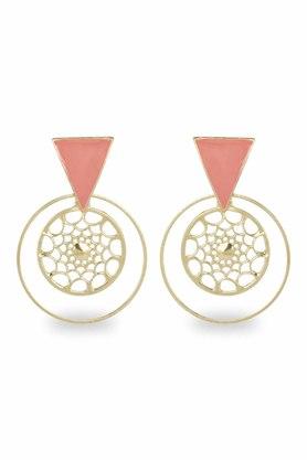pink enameled triangle stud with round cutwork earring