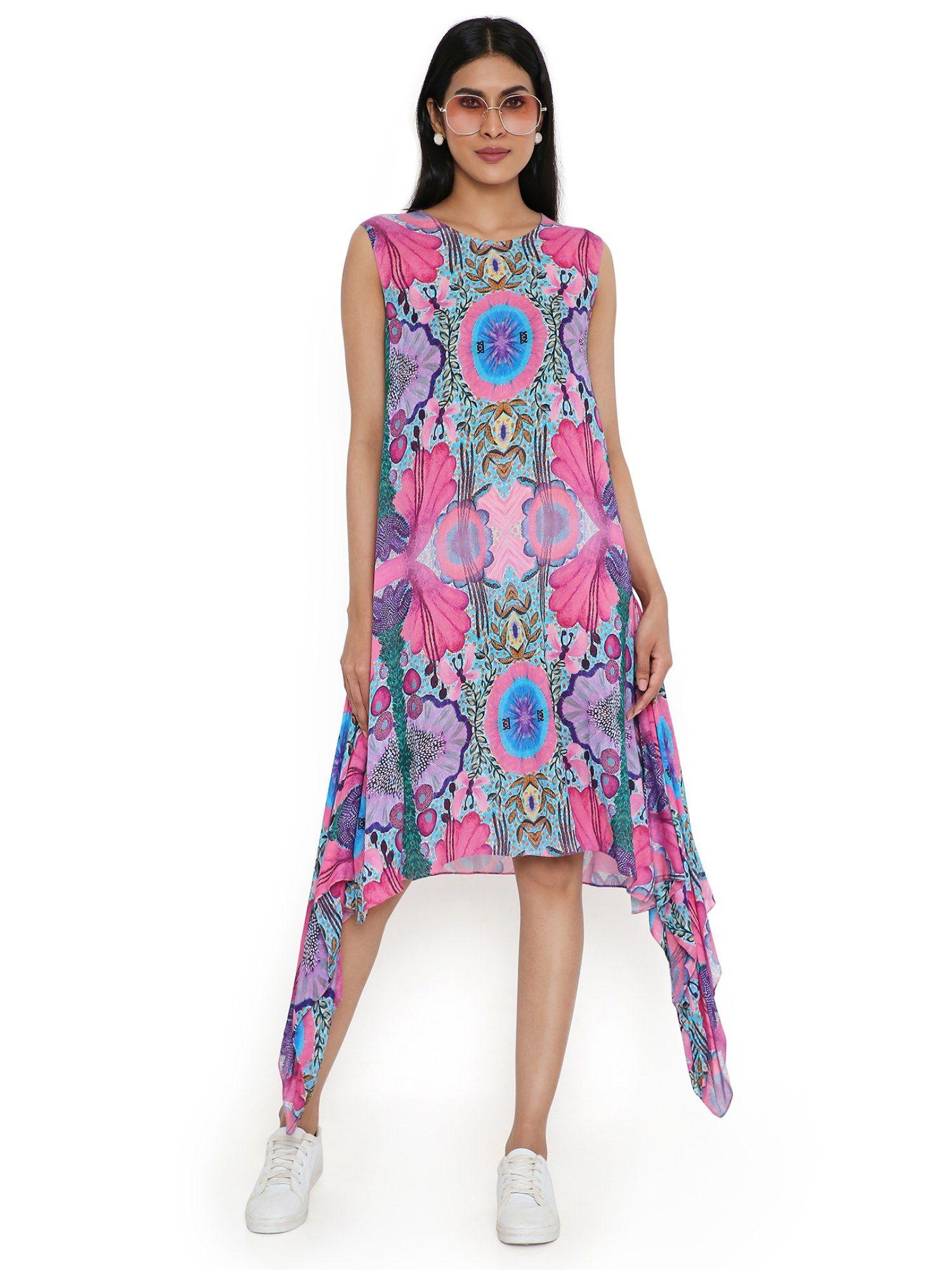 pink enchanted print cotton wrinkle side tale dress