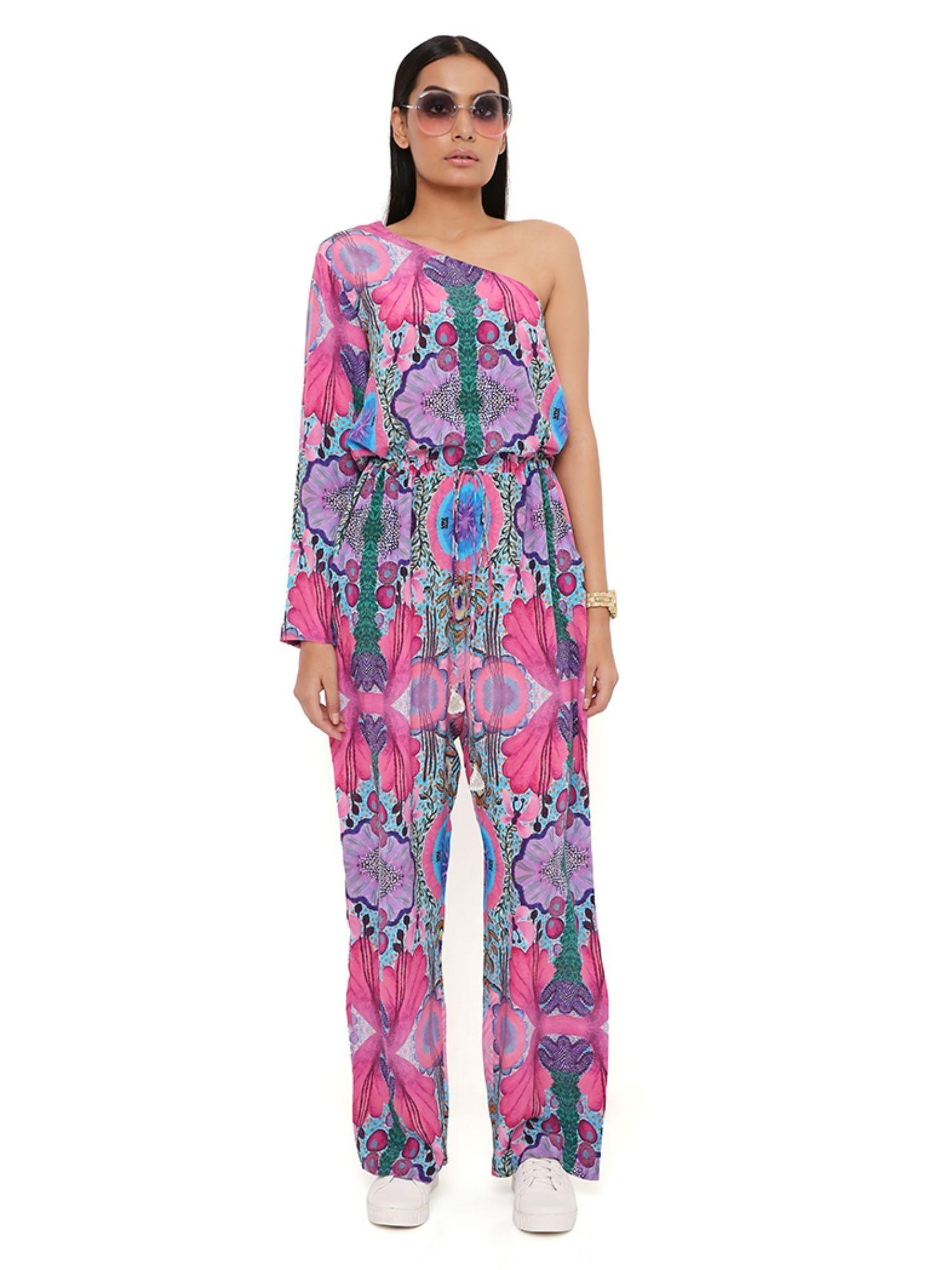 pink enchanted print crepe one shoulder jumpsuit