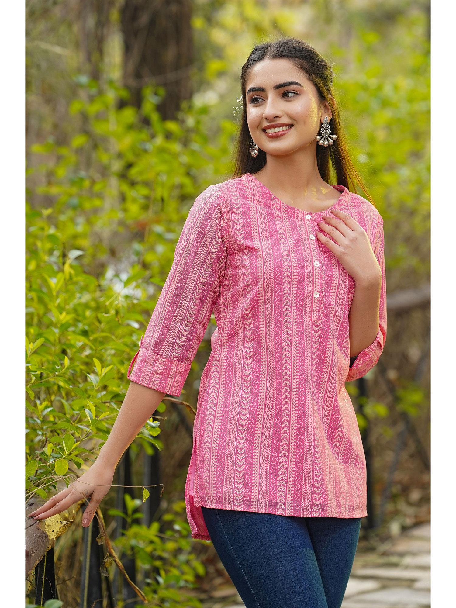 pink ethnic motif printed georgette high-low tunic.