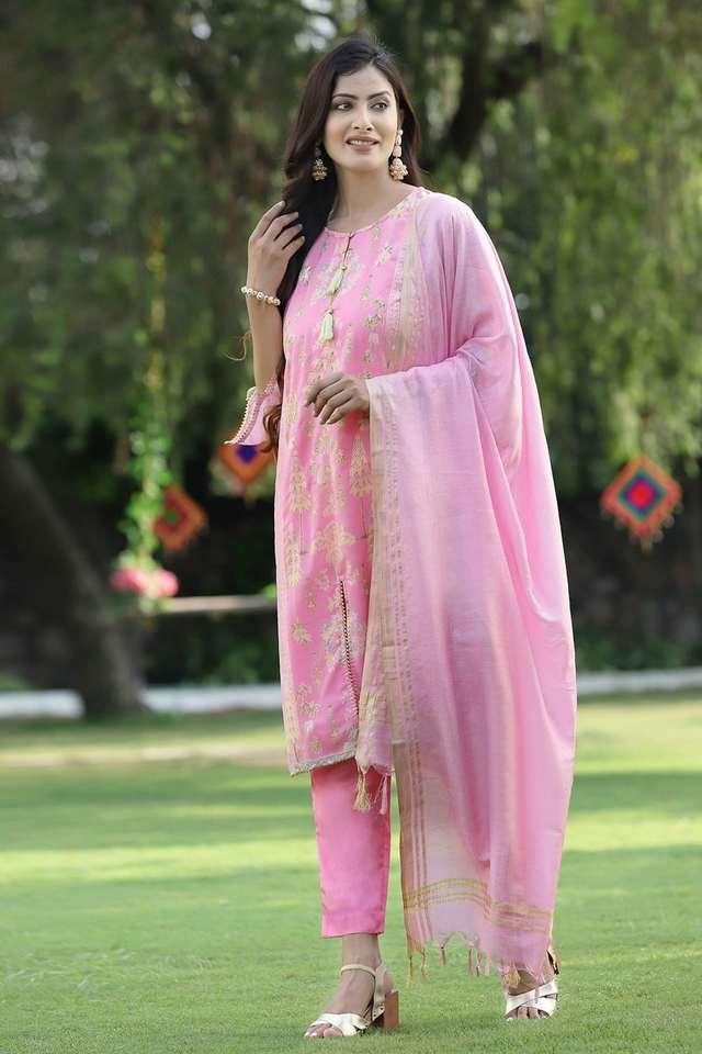 pink ethnic motif printed georgette kurta pants _ dupatta set with tassels _ lace