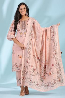 pink ethnic motif printed pure cotton kurta palazzo & dupatta set with beads & sequins - pink