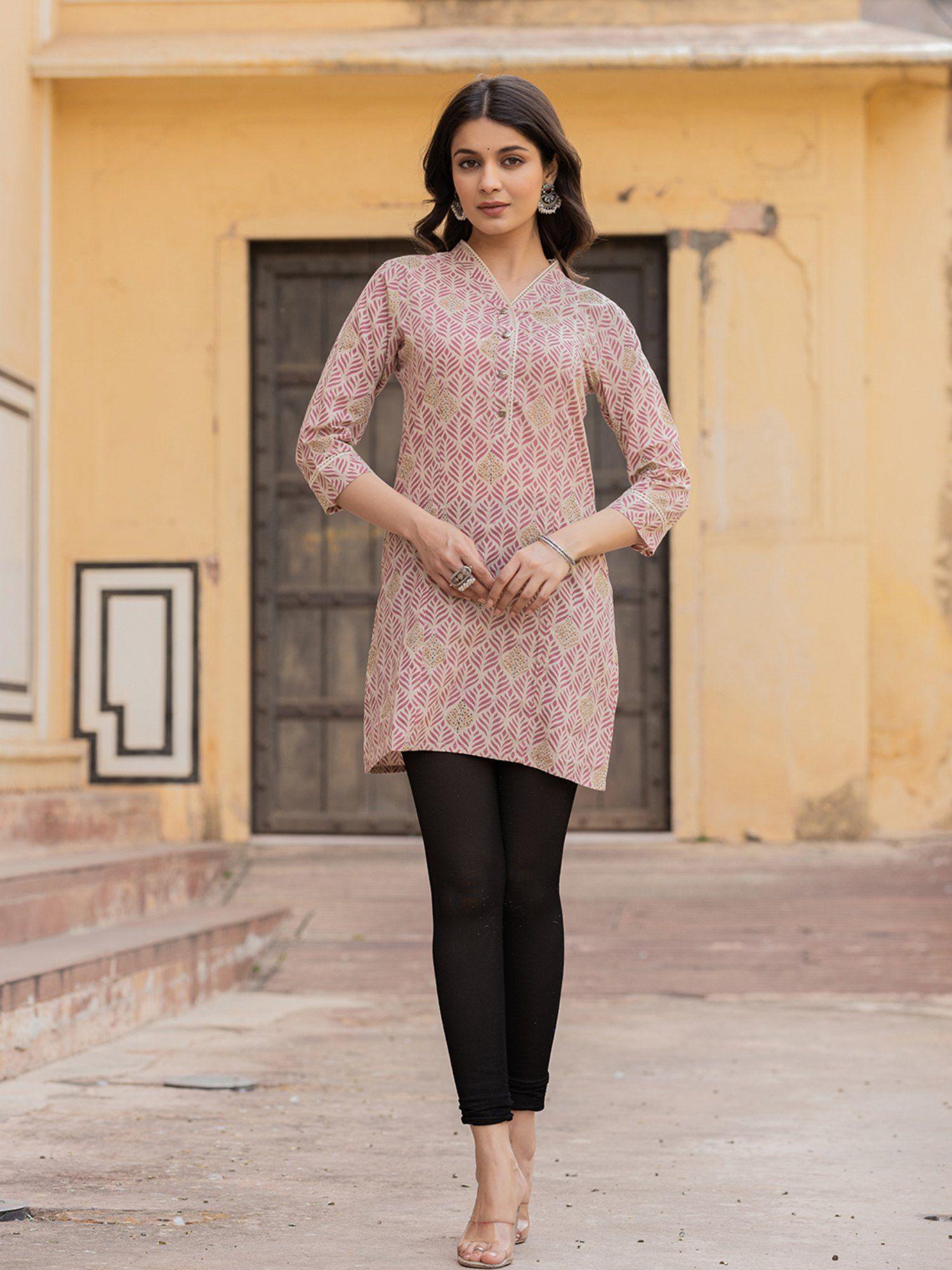 pink ethnic motifs cotton kurti