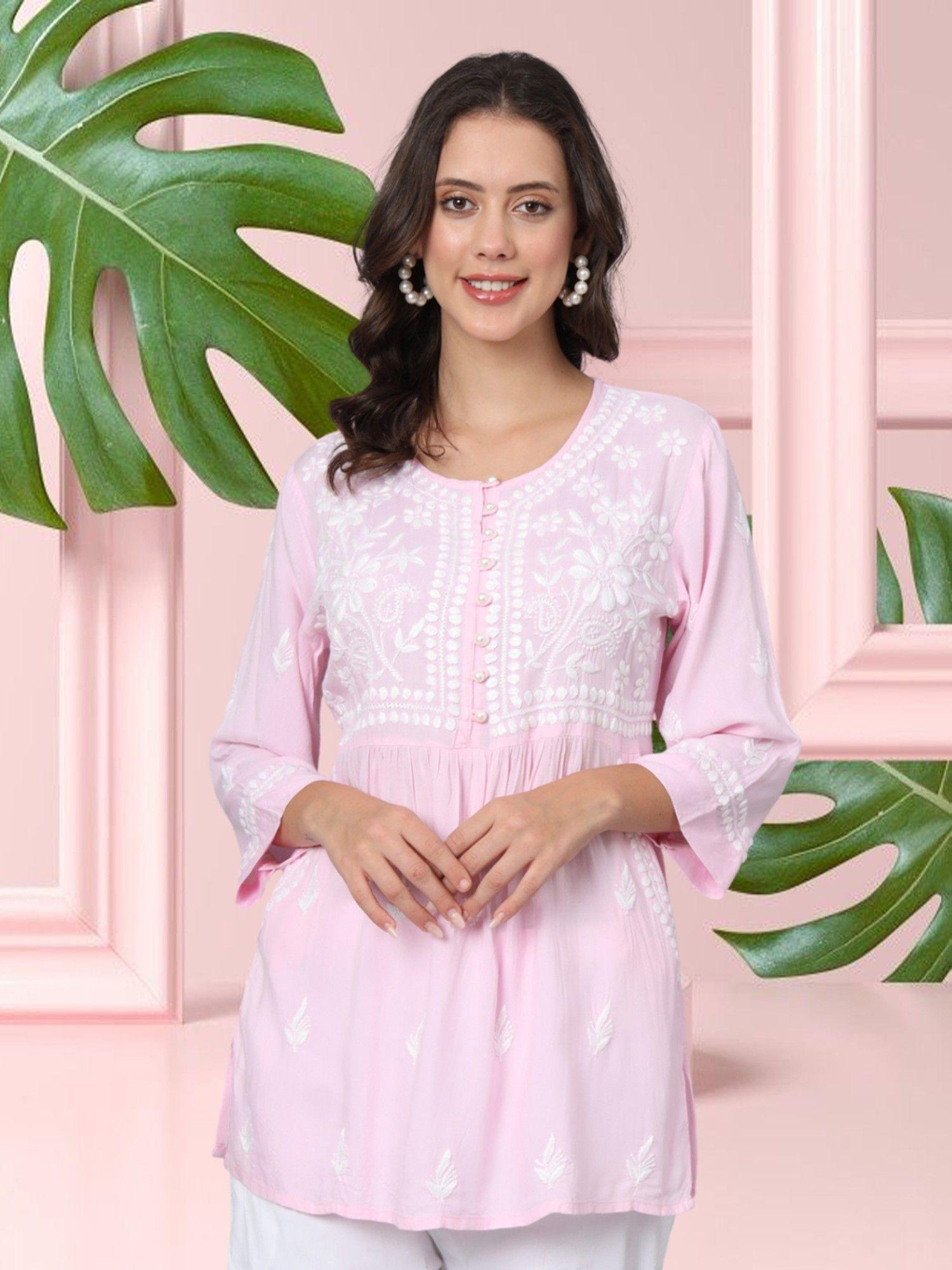 pink ethnic motifs embroidered lucknowi chikankari kurti