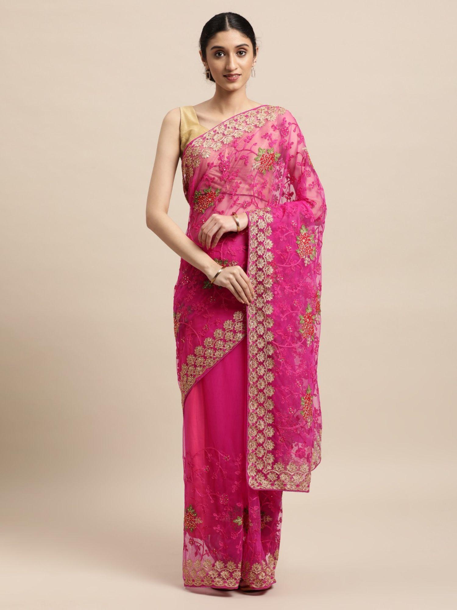 pink ethnic motifs net saree with unstitched blouse