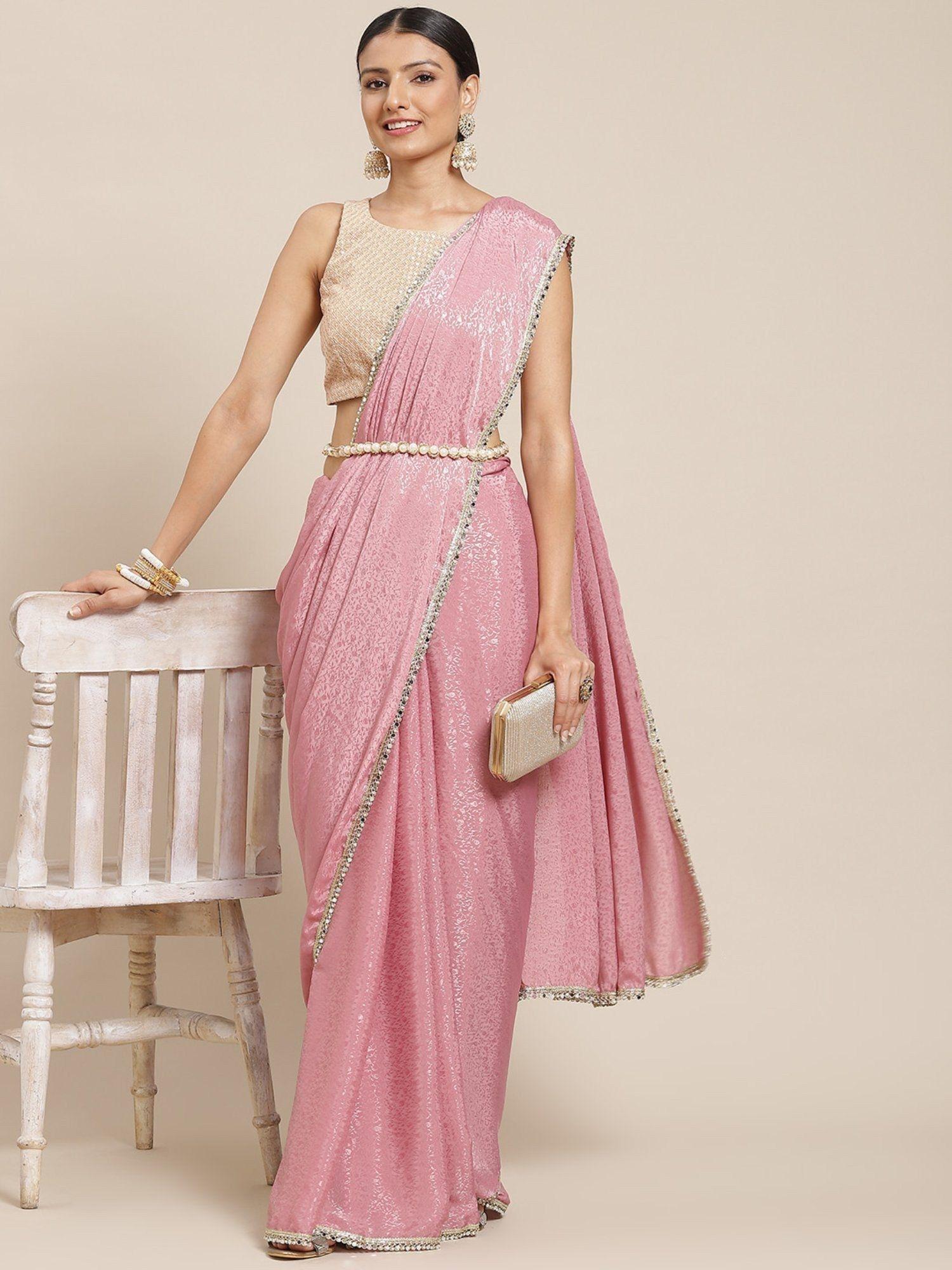 pink ethnic motifs print saree with unstitched blouse