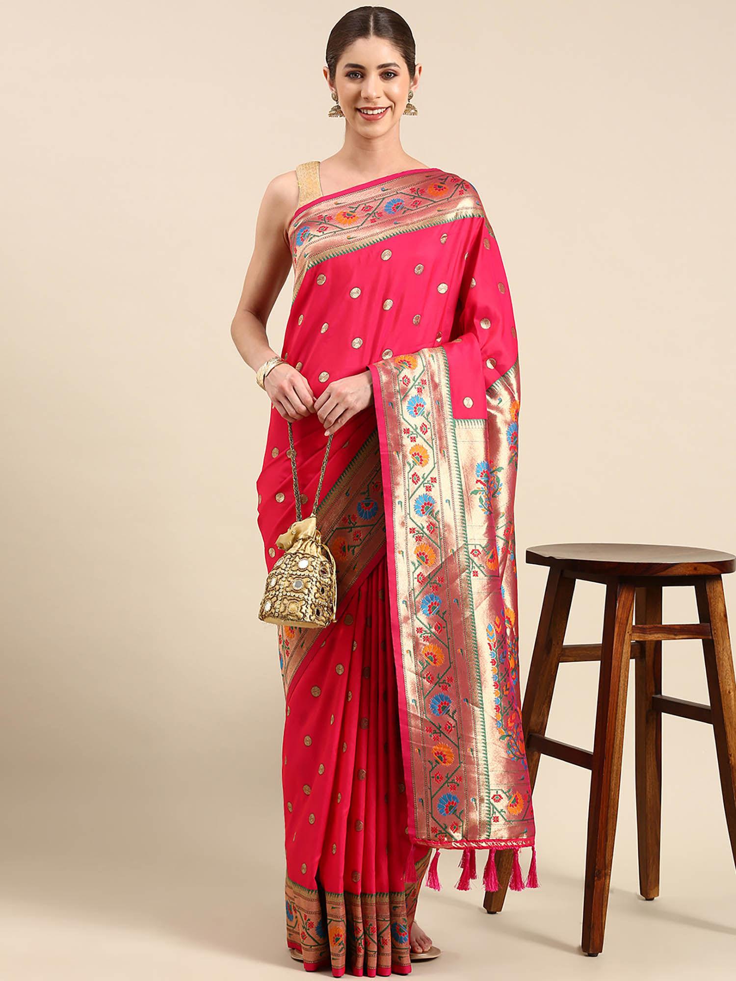 pink ethnic motifs woven design zari art silk pathani saree with unstitched blouse