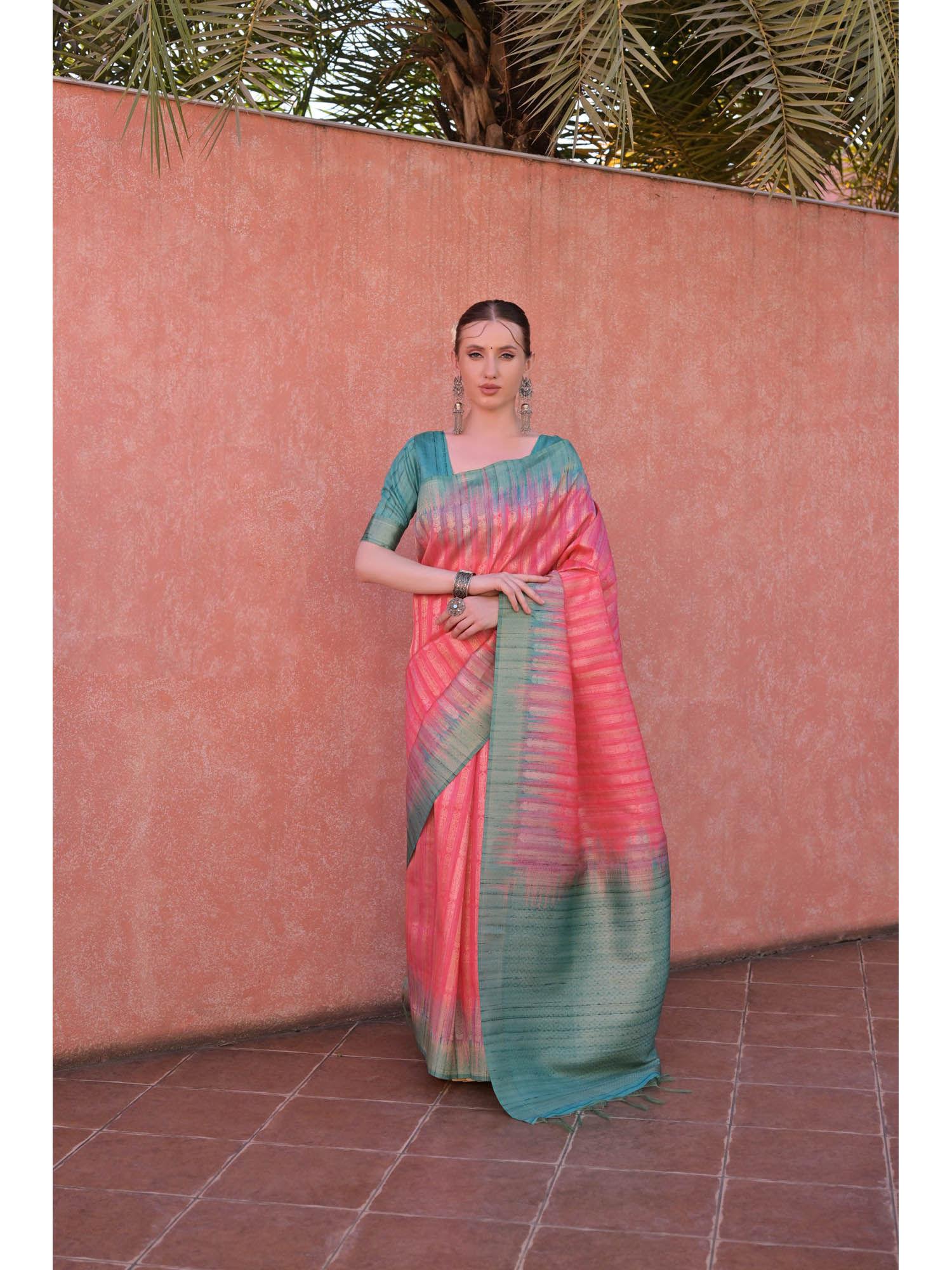 pink ethnic motifs zari tussar pure silk saree with unstitched blouse