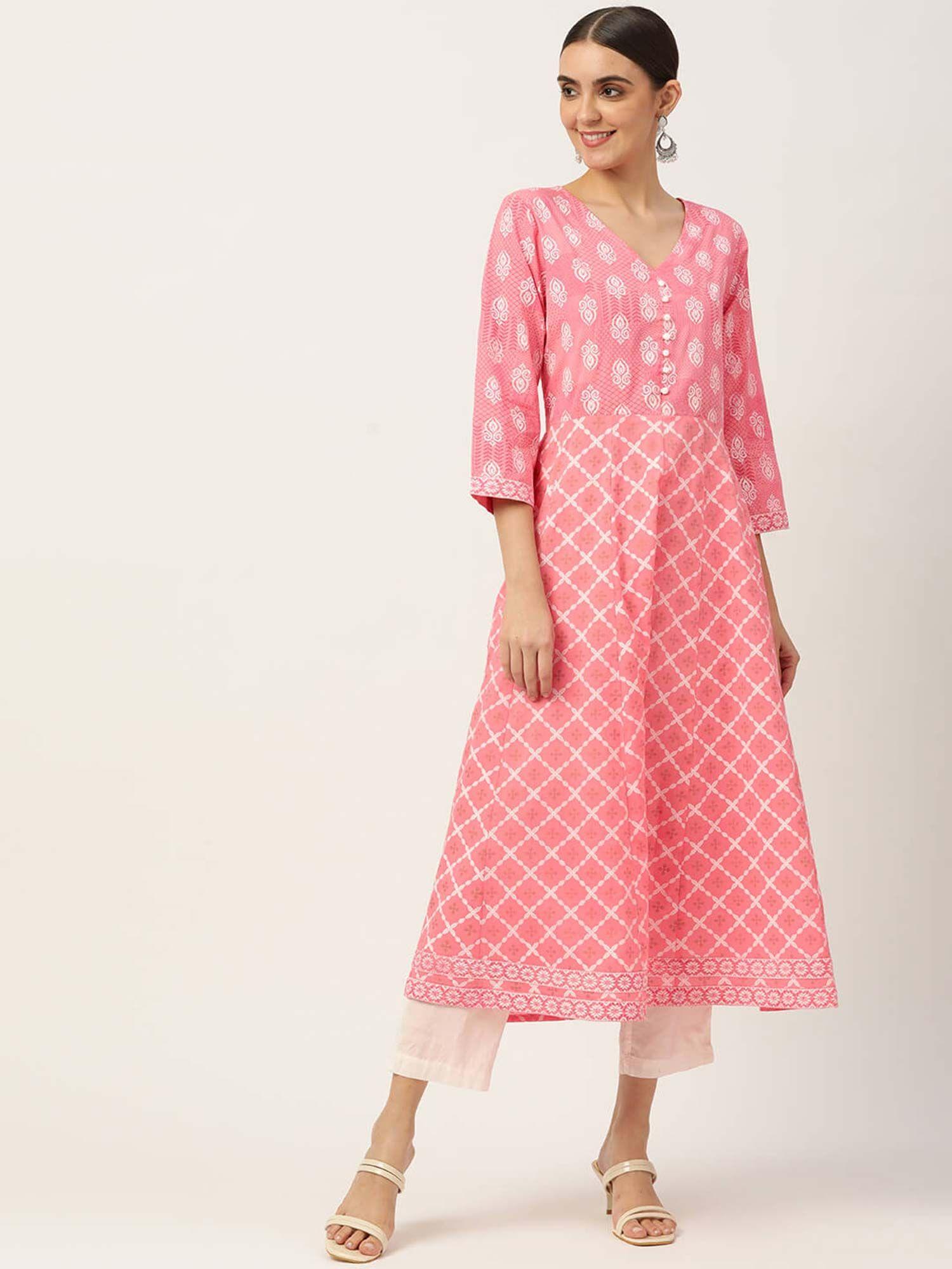 pink ethnic printed pure cotton kurta