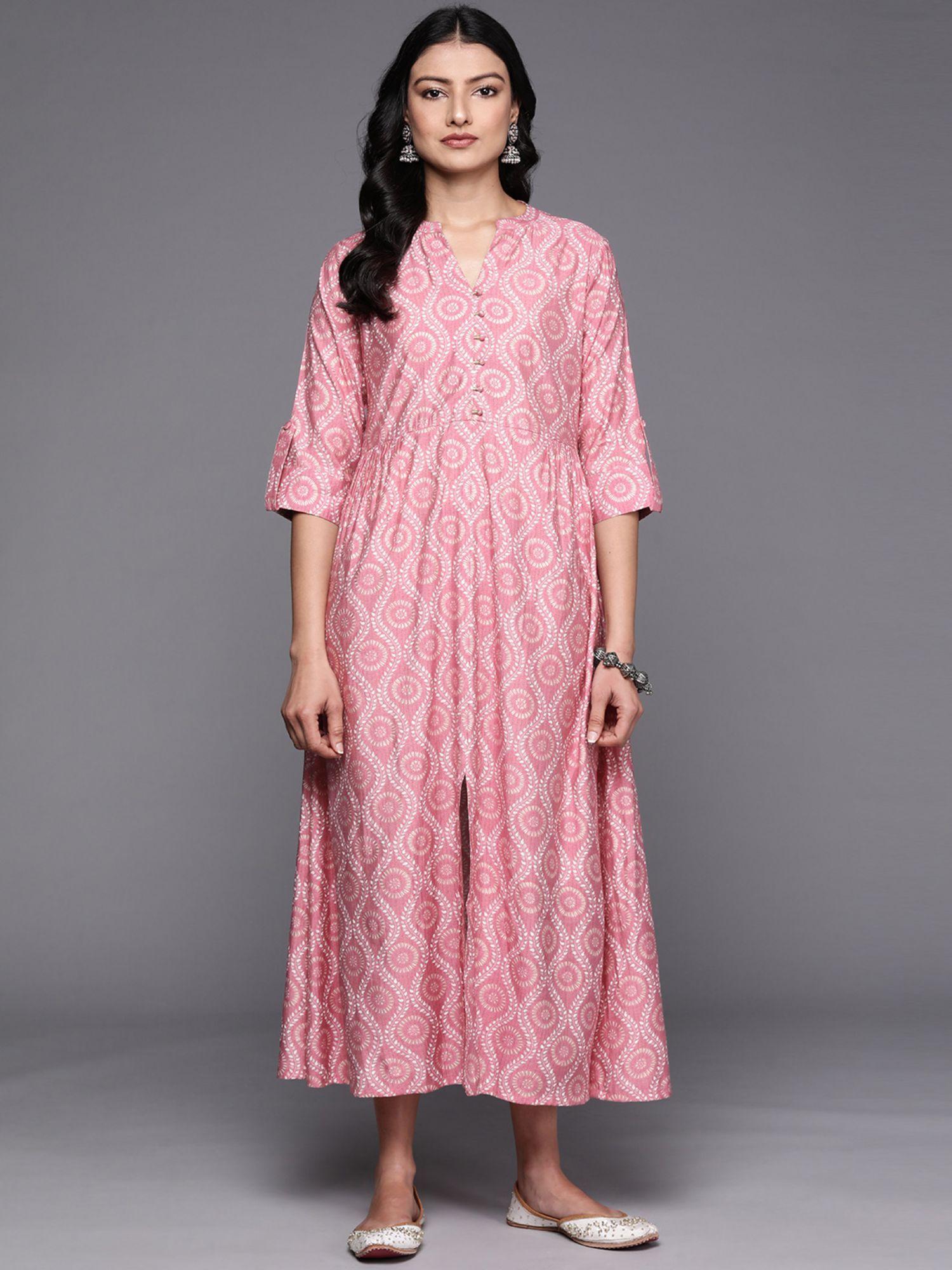 pink ethnic printed with front slit one sided pocket fit & flare maxi dress