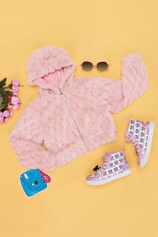 pink faux fur casual full sleeves girls regular fit jackets