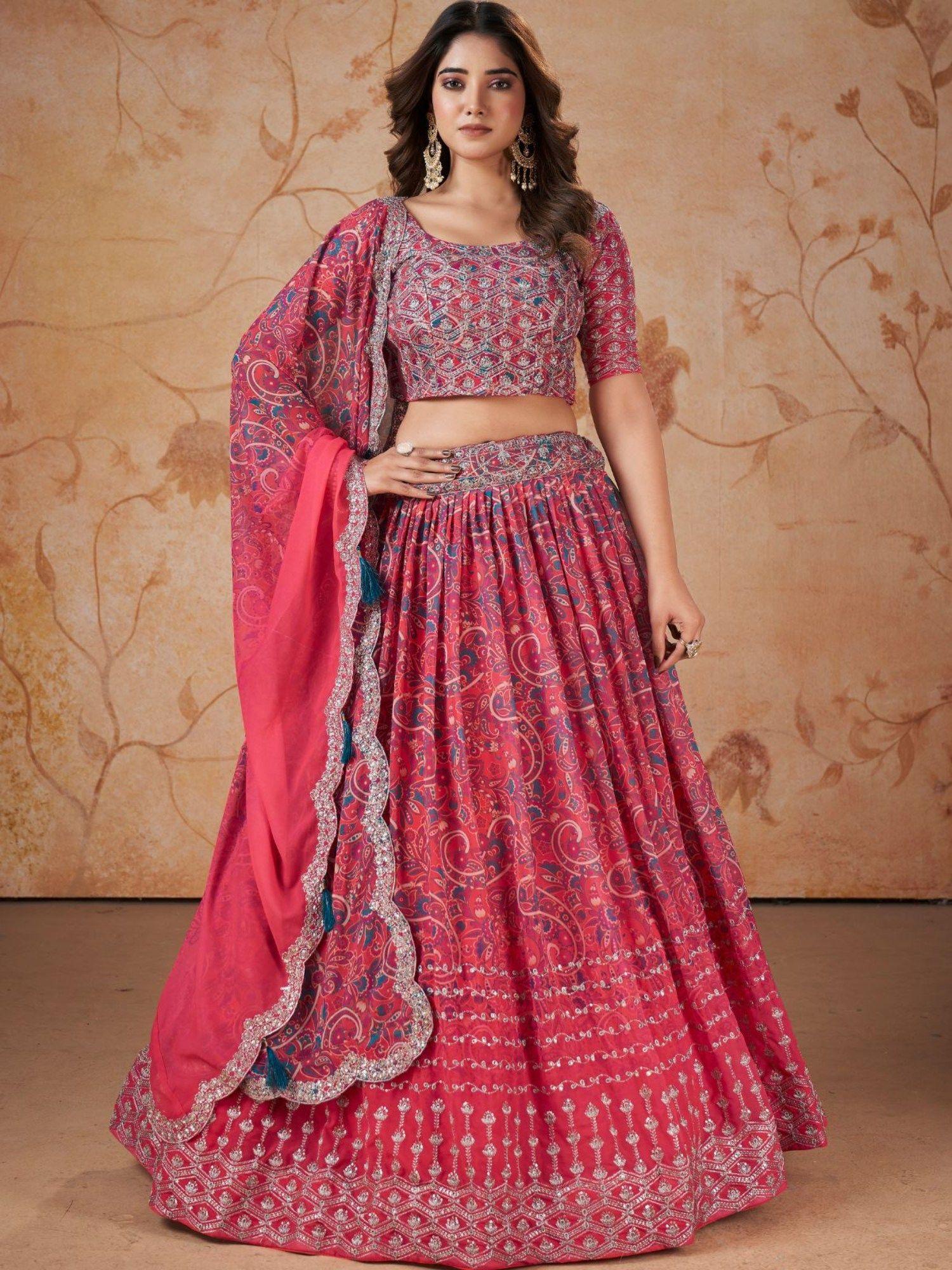 pink faux georgette printed semi stitched lehenga with unstitched blouse (set of 3)