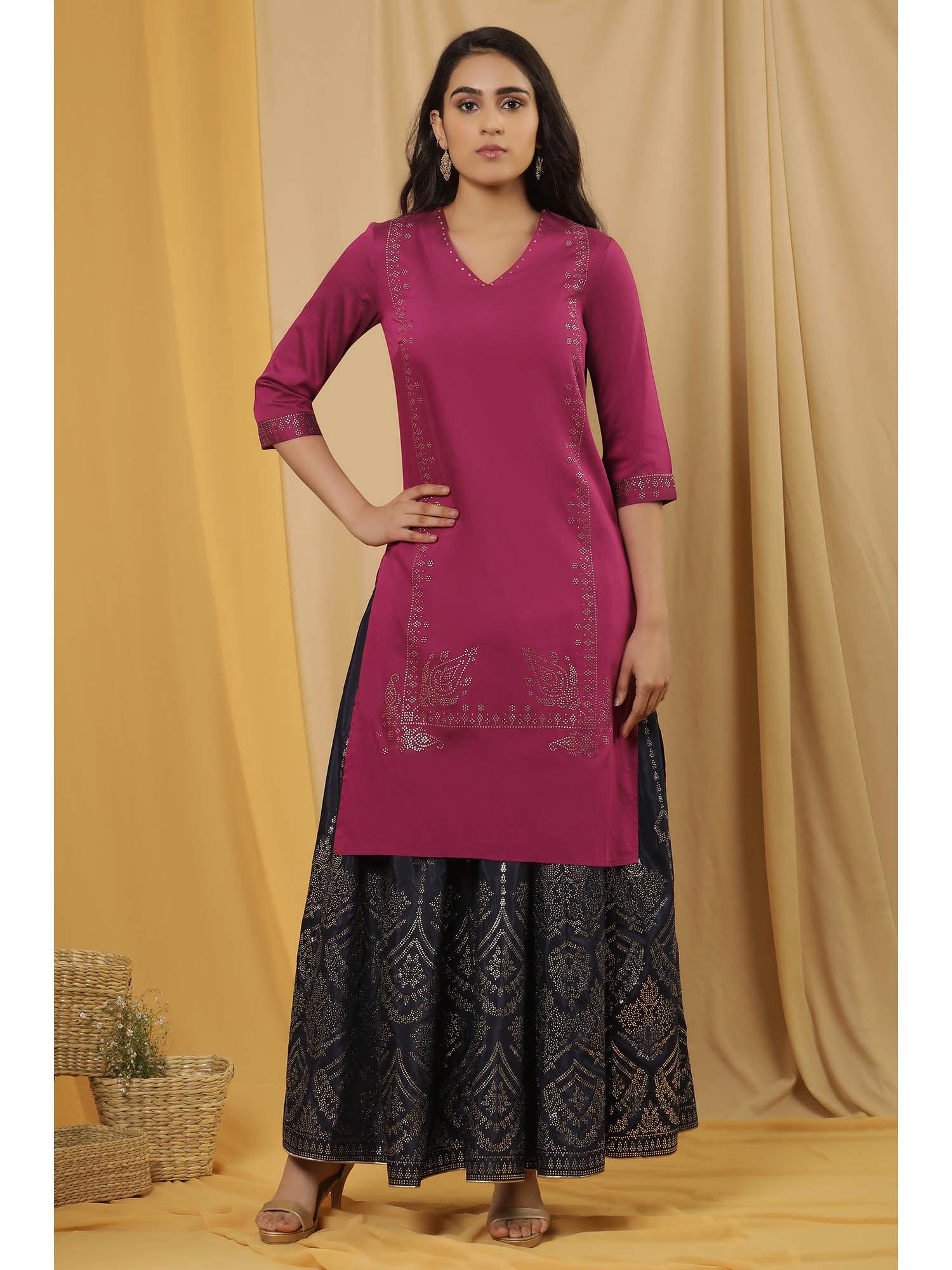 pink festive geometric print viscose straight kurta with skirt (set of 2)