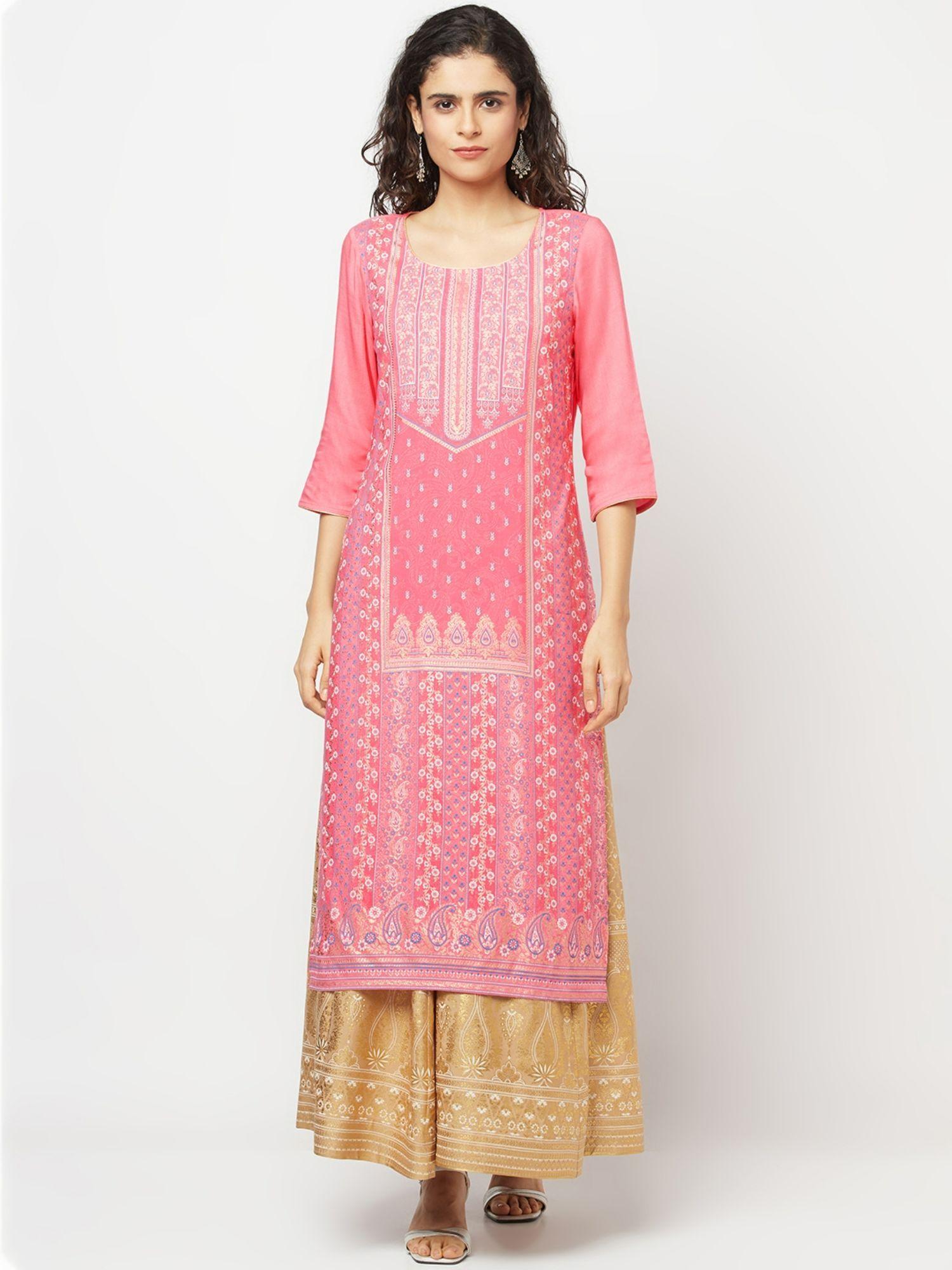 pink festive liva kurta & skirt (set of 2)