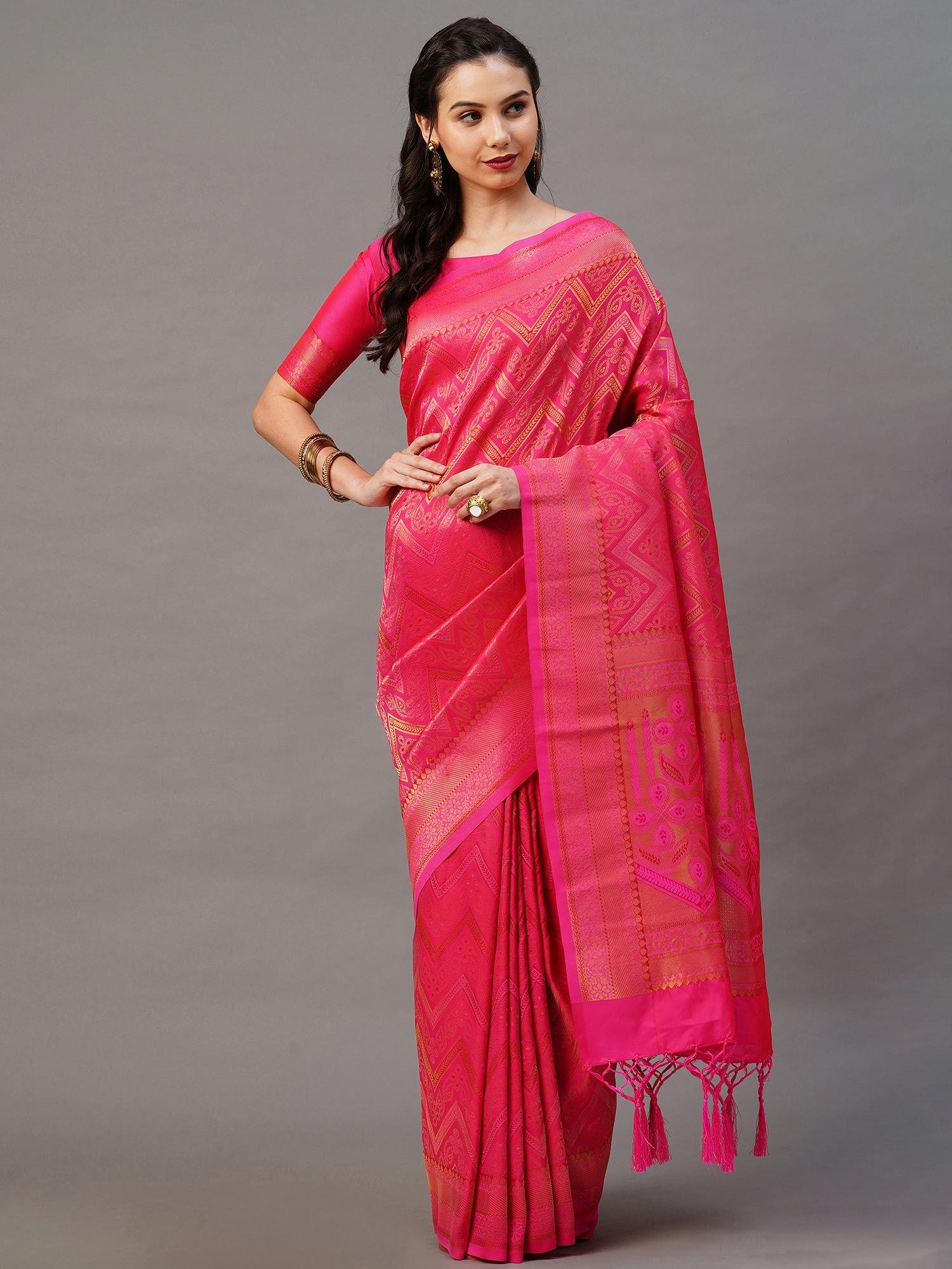 pink festive silk blend woven design saree with unstitched