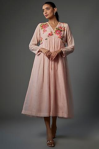 pink fine chanderi embroidered dress