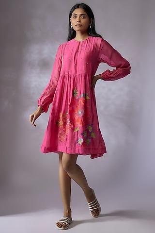 pink fine chanderi embroidered dress