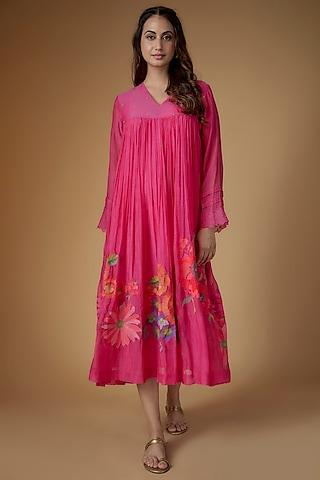pink fine chanderi embroidered flared dress