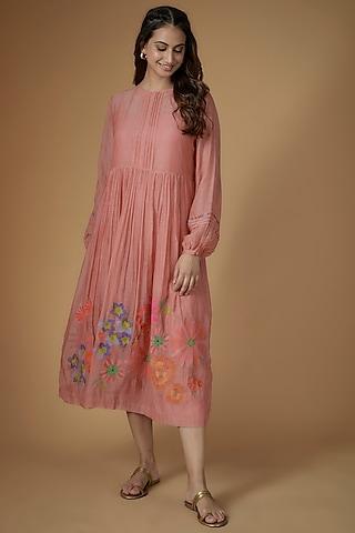 pink fine chanderi embroidered gathered dress