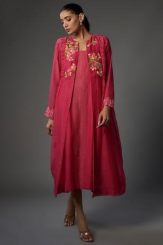 pink fine chanderi embroidered jacket dress