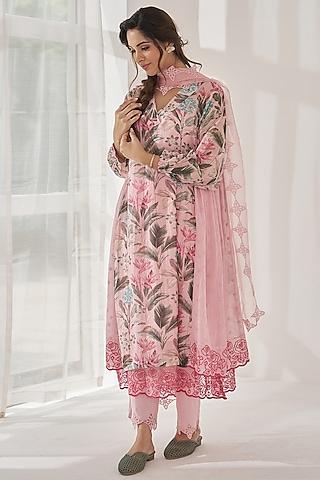 pink fine cotton chanderi printed & lace embroidered kurta set