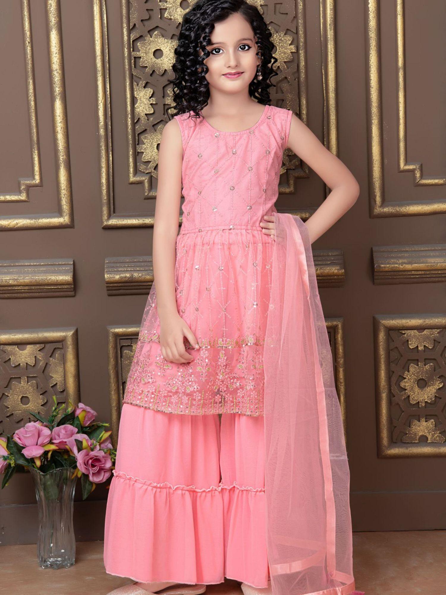 pink finest soft net sharara kurta & dupatta for girls (set of 3)