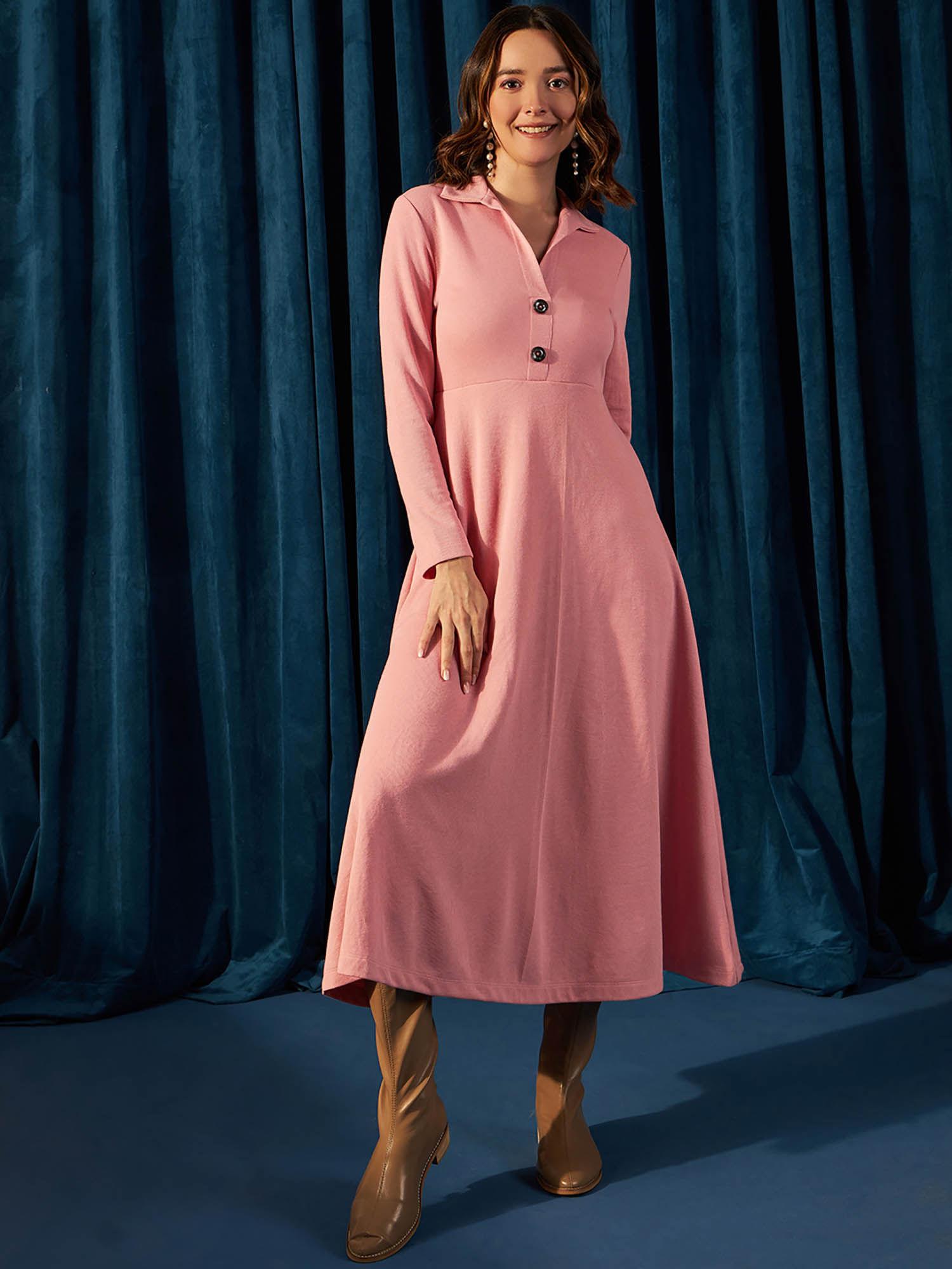 pink fit & flare collar neck maxi dress