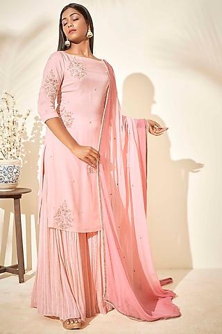 pink flared sharara set with thread work