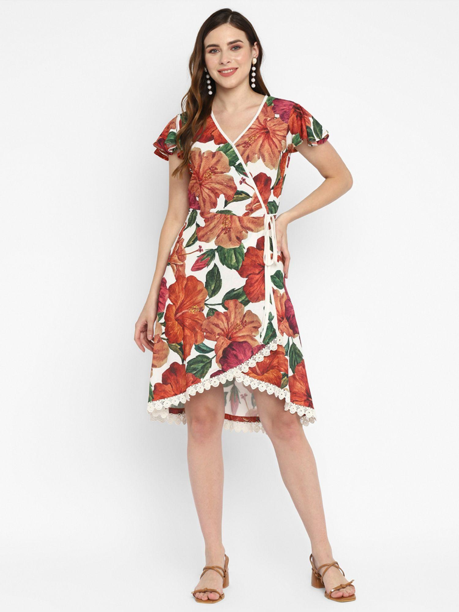 pink flora fauna wrap dress