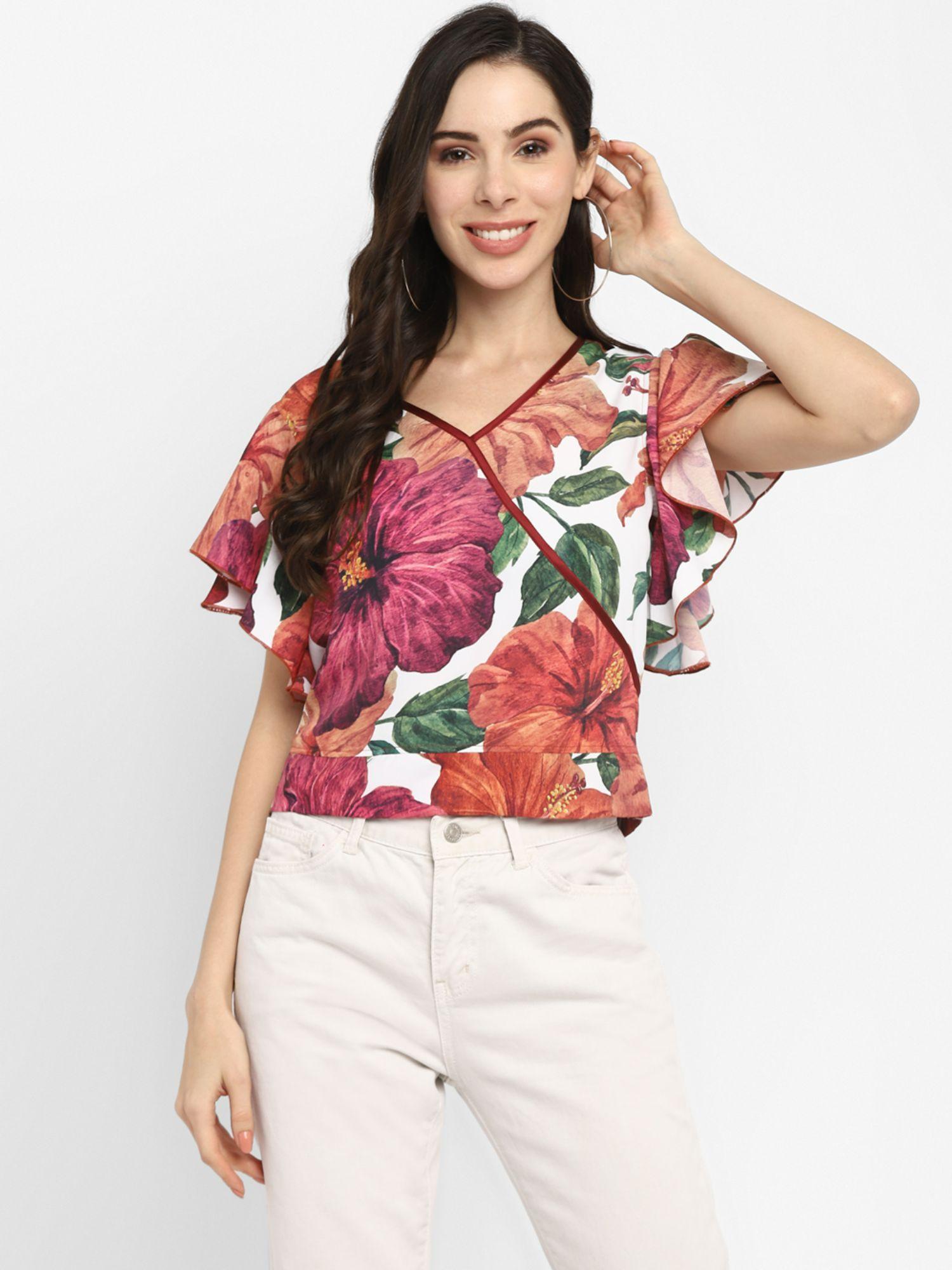 pink flora fauna wrap top