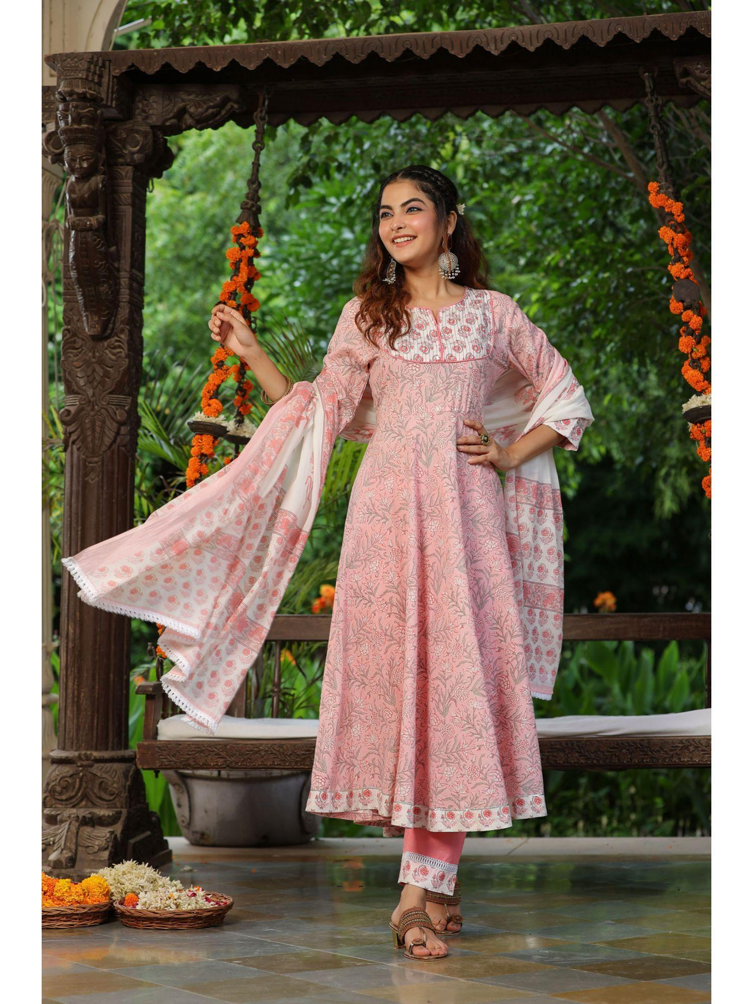 pink floral anarkali cotton kurta with trousers and dupatta (set of 3)