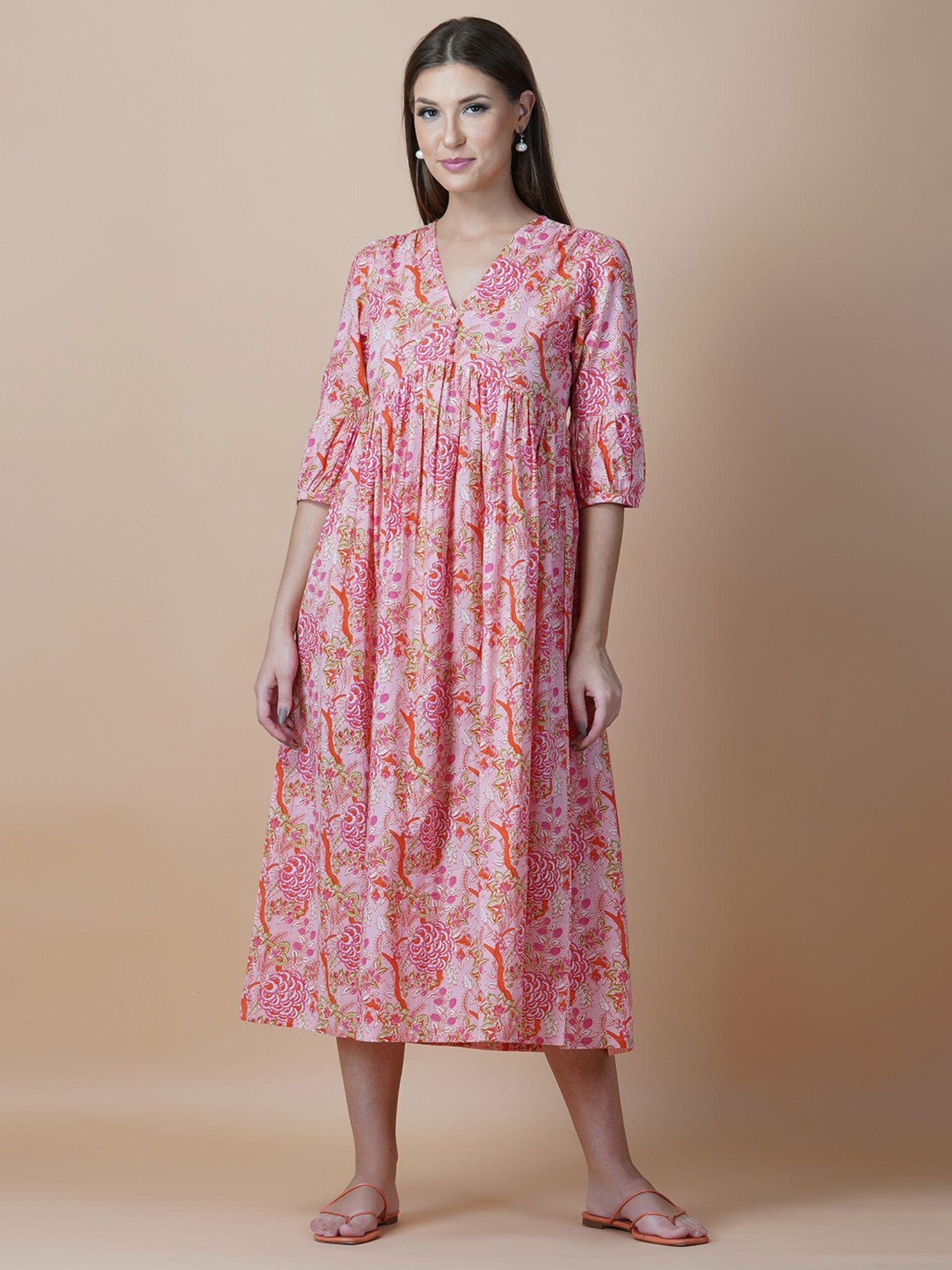 pink floral block printed v-neck midi dress with flared hem & pleated sleeves