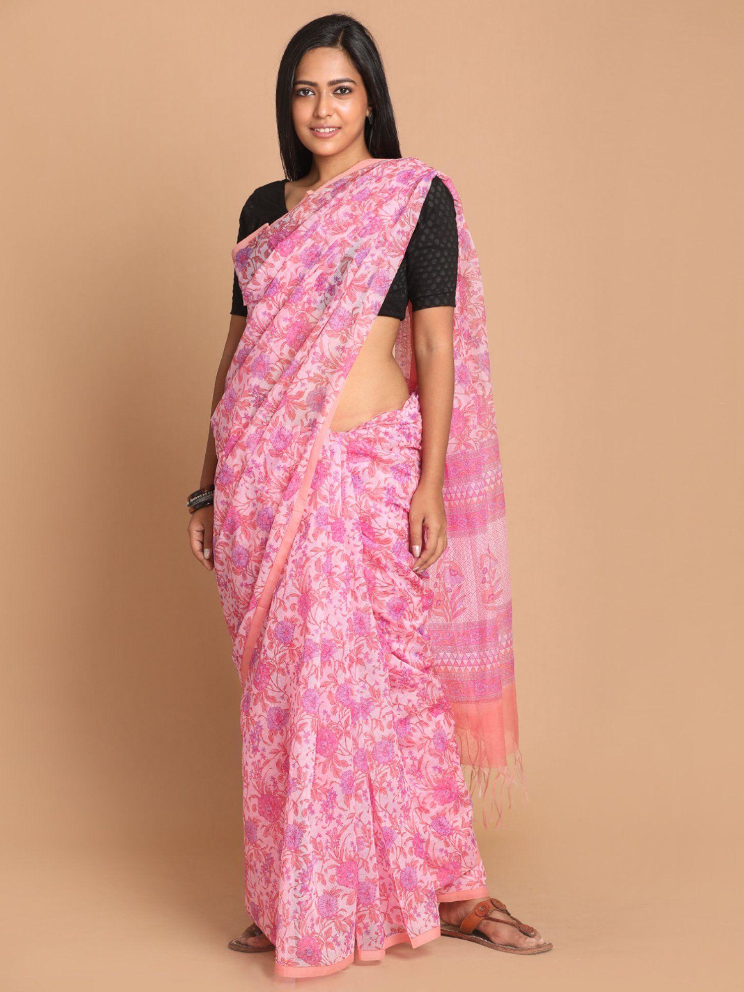 pink floral cotton blend saree with unstitched blouse