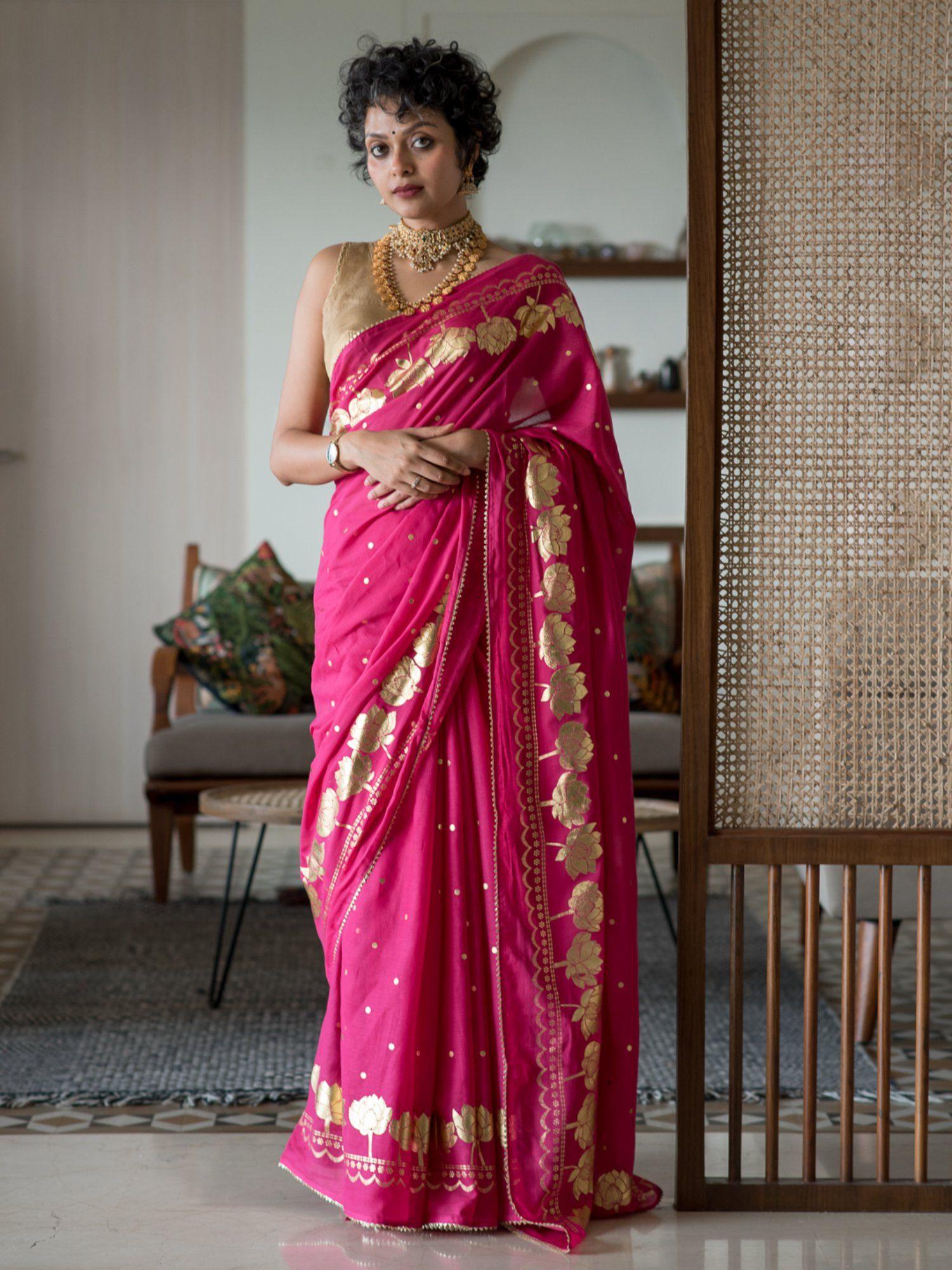 pink floral cotton blend saree without blouse